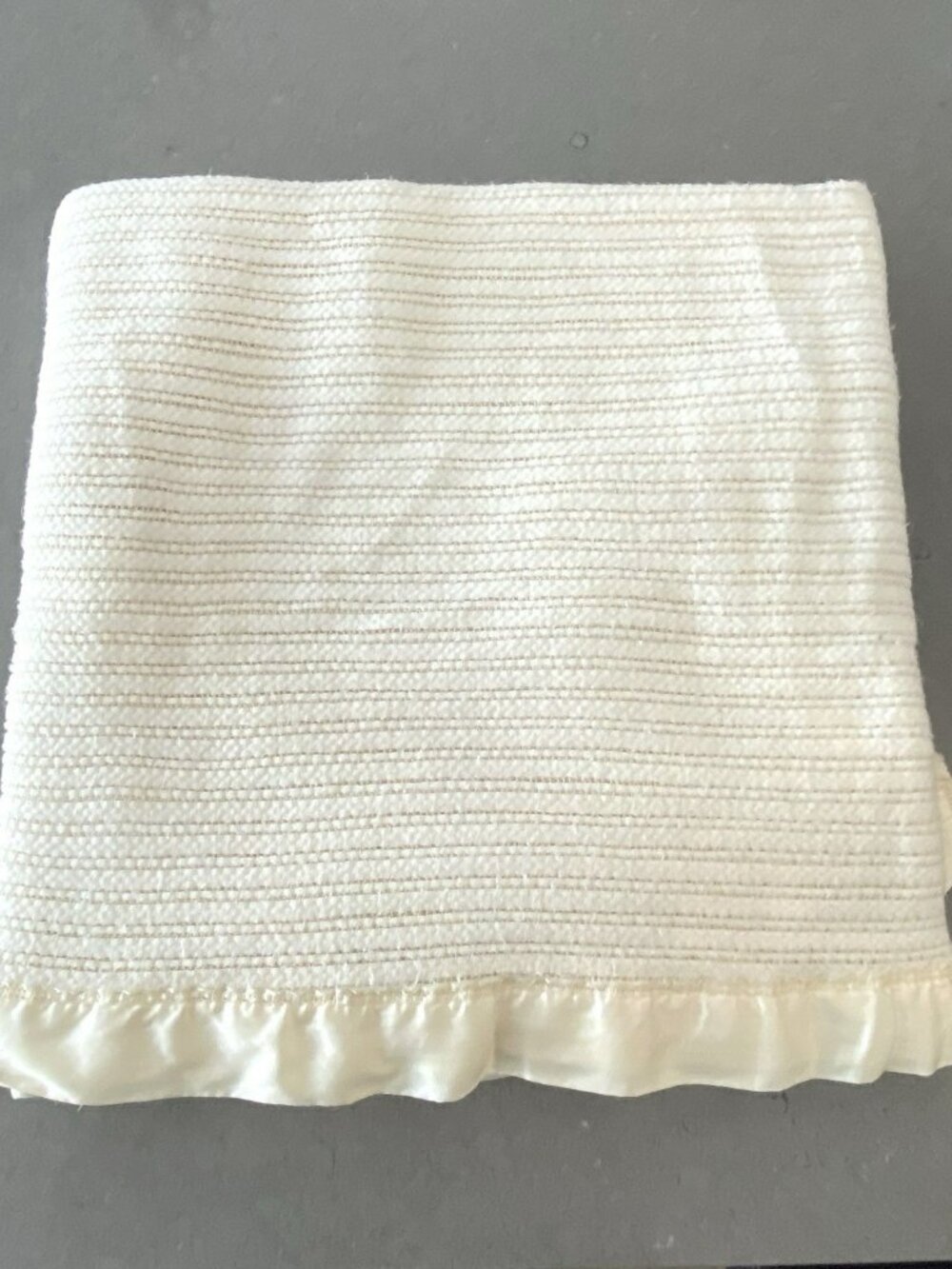 Vintage Waffle Weave Acrylic Satin Trim Blanket Ivory White 83x83 Made in USA